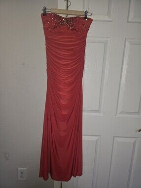 LM Collection Strapless Red Coral Ruched Evening Gown with Beaded Bodice